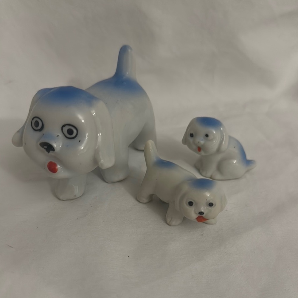 Blue and White Ceramic Dog Figurines - Japan 1940s